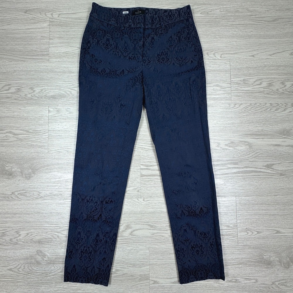 White House Black Market Women Pants Slim Ankle Navy Blue 00 Jacquard Damask